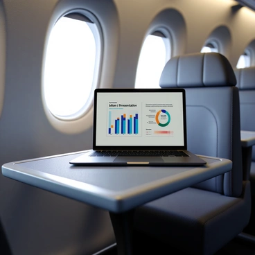 An airplane tray table made of lightweight plastic, showing a texture that reflects its use. Resting on the tray table is a sleek laptop with a thin profile, open and displaying a "bilan presentation" on the screen. The presentation features various charts and graphs in vibrant colors, indicating data analysis. The background includes the cabin of the airplane, with seats in a soft fabric and subtle overhead lighting illuminating the scene.