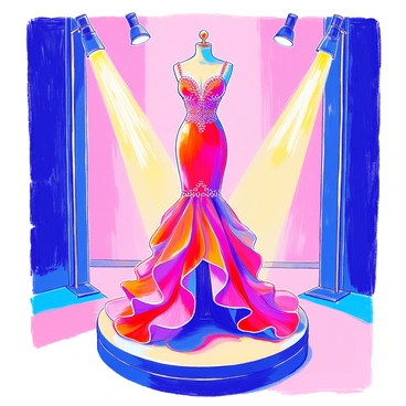 A glamorous red fishtail dress is elegantly displayed on a sleek, modern mannequin. The dress features a fitted bodice, adorned with intricate beadwork that glimmers under the light. It flows into a dramatic fishtail design, with layers of soft fabric cascading down to create a stunning silhouette. The mannequin stands on a minimalistic pedestal, emphasizing the dress's curvaceous shape. Surrounding the dress, there are elegant spotlights enhancing its vibrant color and highlighting the delicate details of the fabric.