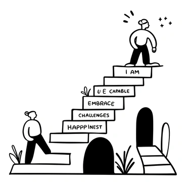 A staircase leading upwards, with each step elegantly labeled with positive affirmations such as "I am capable," "I embrace challenges," and "I deserve happiness." The staircase is well-defined, with strong outlines and shadows that highlight the depth of each step. There is a figure standing at the bottom of the staircase, looking up towards the affirmations, with a determined posture. Surrounding the staircase are subtle elements like plants and light sources that enhance the upward journey. The entire scene is presented in black and white, emphasizing the contours and shapes of the staircase and figure.