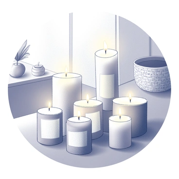 An array of scented candles arranged on a wooden table. The candles are of different heights and shapes, each one has a distinct design. The flames flicker gently on top of each candle, casting shadows around the table. The room has soft, warm light emanating from the candles, highlighting the textured surfaces of the table and walls. The background features a cozy atmosphere with hints of decorative elements like a small potted plant and a woven basket nearby. The overall scene conveys a sense of warmth and comfort.