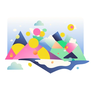 A vibrant digital illustration showcases a landscape with various geometric shapes and patterns. The composition includes a series of colorful circles, triangles, and squares overlapping each other. Some shapes appear to be distorted with wavy edges and fragmented sections, creating a sense of visual disruption. The background features a soft gradient, transitioning from deep blue at the top to light pink at the bottom. The interplay of colors is striking, with bright yellows, greens, and purples scattered throughout the shapes. The overall scene evokes a dynamic and energetic feel, inviting the viewer to explore the intricate details.