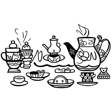 A table set for a tea party, featuring several cups and saucers adorned with intricate "mehendi" designs. There are a variety of pastries and finger foods arranged elegantly on the table. A teapot is placed in the center, with steam rising gently from its spout. The background includes decorative elements like floral arrangements and table linens with patterns to complement the tea setting.