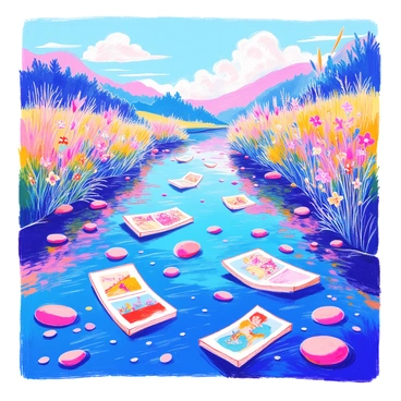 A river flowing with pages from a sketchbook, each page showcasing different illustrations