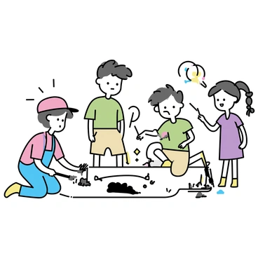 A group of three kids, two boys and a girl, are engaged in an archaeological dig site. The first boy, wearing a red cap and blue overalls, is kneeling down, brushing dirt off a large dinosaur bone. The second boy, dressed in a green t-shirt and beige shorts, is examining a fossil with a magnifying glass, squinting with curiosity. The girl, with braided hair and wearing a purple dress and yellow boots, is pointing excitedly at a partially buried fossil in the ground. Various tools such as a small shovel, a brush, and a magnifying glass are scattered around them. In the background, there is a wooden sign that reads "Dinosaur Dig Site" and colorful flags marking different areas.