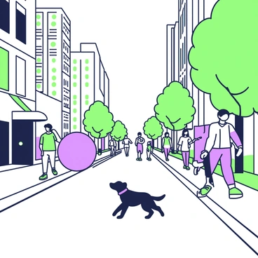 A rubber ball is bouncing down a busy city street filled with pedestrians. The ball is brightly colored and is in mid-bounce, with a slight blur indicating its movement. Pedestrians are walking on the sidewalk, some looking down at their phones while others are engaged in conversation. Skyscrapers line both sides of the street, and a few trees are visible along the curb. The pavement shows signs of wear, with cracks and patches. A small dog is attempting to chase the bouncing ball, adding an element of action to the scene.