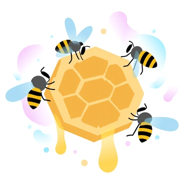 A group of drosophila flies is gathered around a honeycomb that is dripping with golden honey. The honeycomb has a hexagonal pattern and is surrounded by small droplets of honey glistening in the light. The flies are depicted in various positions, some perched on the honeycomb while others are hovering nearby, drawn to the sweetness. The background is filled with soft gradient pastel colors that enhance the focus on the honeycomb and the flies.