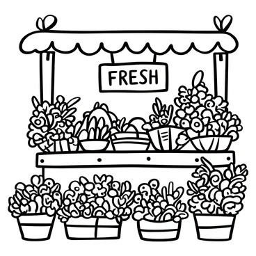 A market stall is filled with numerous bouquets of blooming flowers, each tied with twine. Various types of flowers, such as roses, daisies, and sunflowers, are arranged together, creating a rich texture. The stall's wooden structure is adorned with leafy greenery. In the background, there are baskets filled with fresh produce and small decorative items. A sign hangs from the stall, displaying the words "Fresh Flowers" in bold letters.