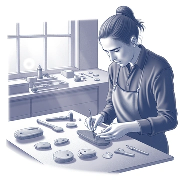 An artisan is focused on crafting coho salmon-shaped pendants from silver. The workshop features wooden workbenches scattered with tools, including pliers, hammers, and files. The artisan is using a small torch to heat the metal, with other pendants in various stages of completion visible in the background. Sunlight streams through a window, illuminating the details of the workshop and creating a warm atmosphere. The artisan's hands are steady and precise as they manipulate the silver, shaping it into the distinct form of a coho salmon.