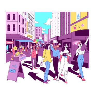 A group of tourists, with diverse appearances and clothing styles, is gathered on a lively city street. One tourist is capturing the scene with a camera, while another is laughing and pointing at a colorful street performer nearby. Brightly colored storefronts line the street, creating an inviting atmosphere. A tall, elegant building stands in the background, its windows reflecting the sunlight. The tourists are surrounded by a bustling crowd, and there are various street vendors selling snacks and souvenirs.