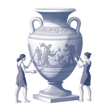 A classic Greek amphora stands prominently on a pedestal. The amphora is adorned with intricate, detailed depictions of mythological scenes. One side features a fierce battle between gods, with warriors in armor engaged in combat. The opposing side showcases a serene moment of a goddess surrounded by mythical creatures, with flowing robes and graceful postures. The amphora is decorated with ornate borders and geometric patterns that frame the scenes. Artists are gathered around the amphora, each focused on capturing the essence of the myths in their paintings, their brushes poised for precise strokes.