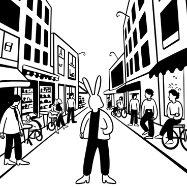A rabbit girl with long ears wearing a fashionable dress stands on a busy city street. She is surrounded by tall buildings and shops filled with various items. There are people walking, some stopping to talk to each other, while others are sitting at outdoor café tables. The street is lined with trees and streetlamps, and there are bicycles parked along the sidewalk. A colorful assortment of signs and advertisements are visible above the shops. The rabbit girl's posture reflects her curiosity as she looks around at the lively scene.