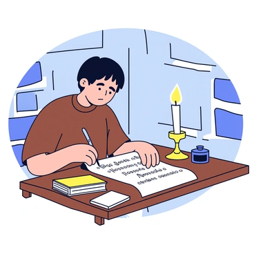 A medieval scribe sits at a wooden table in a stone chamber. The scribe has dark hair and wears a simple brown tunic. He is focused on writing on a large scroll with a quill. The scroll features intricate handwritten text. A lit candle in a brass holder casts a warm glow, creating soft shadows on the stone walls. In the background, a few stacked books and a small ink pot are placed on the table.