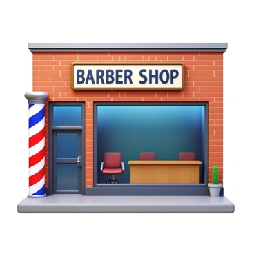 A classic barber shop storefront featuring a prominent "red and white striped pole" at the entrance. The storefront is adorned with large glass windows that showcase a welcoming atmosphere. Inside, there are "vintage chairs" arranged neatly, alongside a wooden reception desk. The exterior has brick walls with a vintage sign that reads "Barber Shop" in bold letters. The scene includes a small potted plant near the entrance for added charm.