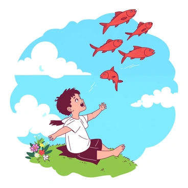 A young child sits on a grassy hill, eyes wide with wonder as they gaze at the sky. Above them, several redfish with elegant fins are gracefully soaring through the air, their scales shimmering in the sunlight. The child has a joyful expression, arms outstretched as if trying to catch one of the flying fish. Fluffy white clouds drift by, and a vibrant blue sky serves as a backdrop to this enchanting scene. Near the child, a few colorful flowers bloom, adding to the magical atmosphere of the moment.