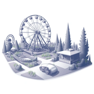 An abandoned amusement park filled with rusting rides and neglected attractions. The Ferris wheel, towering and stationary, has vines creeping up its metal frame. The roller coaster tracks are covered in patches of grass and wildflowers, blending into the surrounding overgrown landscape. Broken carnival games are scattered across the ground, their colors faded and peeling. The pathways are lined with tall weeds and shrubs, obscuring the once vibrant avenues. A dilapidated food stand sits in the corner, its signage worn and barely legible. The scene conveys a sense of nature reclaiming the space, with trees and plants flourishing amidst the remnants of human activity.