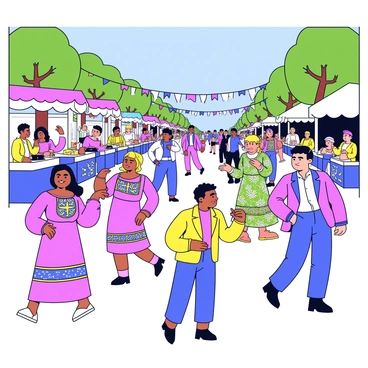A street fair scene filled with a diverse group of people wearing colorful traditional costumes that reflect various heritages. There are individuals in vibrant dresses adorned with intricate patterns, and others in elegant suits with embroidered details. Stalls are set up along the street, decorated with festive bunting and offering an array of cultural foods. Some attendees are dancing joyfully, while others are engaging in animated conversations. In the background, there are trees providing shade and a clear blue sky overhead.