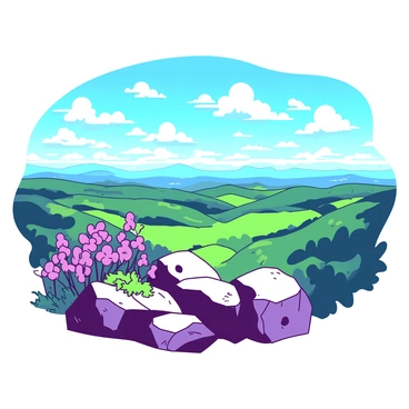 A panoramic view from a mountaintop stretches across the horizon, featuring a vibrant sky filled with shades of blue and white clouds. Below the mountaintop, a sprawling green valley unfolds, dotted with wildflowers in various colors. In the foreground, jagged rocks add texture to the scene, with patches of moss clinging to them. The sunlight bathes the landscape in a warm glow, creating a sense of openness and opportunity. In the distance, rolling hills gradually fade into the sky, suggesting the vast possibilities of a fresh start.
