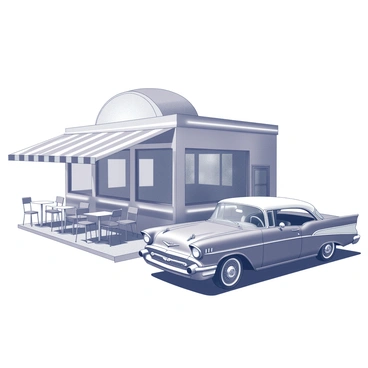 A classic car parked outside a retro 1950s diner with neon lights