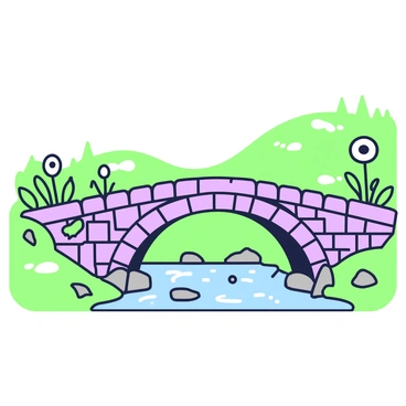 An old stone bridge arches gracefully over a bubbling brook. The bridge is constructed from weathered stones, showing signs of age and moss growth. Below, the brook flows with clear water, creating small ripples and bubbles as it moves over smooth stones. In the background, rolling hills rise gently, dotted with patches of grass and wildflowers. The scene captures the tranquility of nature, with the bridge serving as a focal point amid the serene landscape.