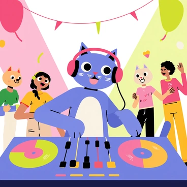 A cool cartoon cat with blue fur is wearing large, stylish headphones. The cat is standing behind a DJ booth, adjusting dials and spinning colorful vinyl records. Bright party lights in shades of pink, green, and yellow illuminate the scene, creating a festive atmosphere. In the background, cheerful partygoers, including various cartoon animals, dance energetically. Streamers and balloons hang from the ceiling, adding to the vibrant party vibe. The cat has an excited expression, fully immersed in the music and the fun of the lively party.
