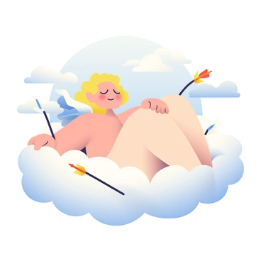 A cupidon with pale skin and curly golden hair is reclining comfortably on a fluffy white cloud. The cupidon has small, delicate wings that shimmer softly in the light. Surrounding him are scattered arrows with golden tips and red fletchings, some partially embedded in the cloud. The cloud has a soft, billowy texture, and the background features a gentle blue sky with wispy white clouds drifting by. The cupidon has a playful expression as he looks up at the sky, with a few arrows playfully surrounding him.