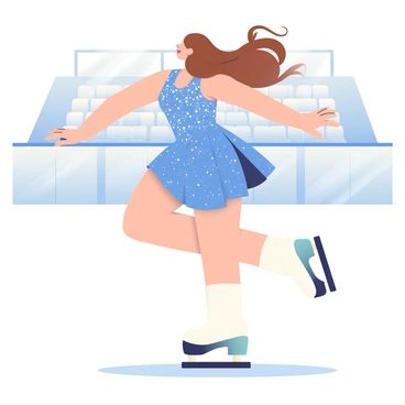 An ice skater with light skin and long, flowing brown hair is spinning gracefully on the ice. She is wearing a sparkling, blue skating dress that shimmers under the lights. Her arms are extended gracefully, and her left leg is lifted high in the air, showcasing her perfect balance. The ice beneath her reflects the bright lights of the arena, creating a mesmerizing effect. In the background, subtle shadows of the stands can be seen, indicating an audience watching her performance.