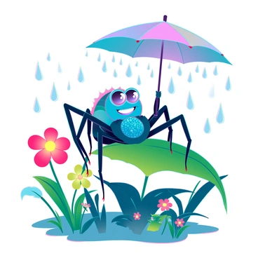 A friendly spider with large, expressive eyes and a warm smile is perched on a vibrant green leaf in a garden. It has a glossy, multicolored body with intricate patterns on its back. The spider is holding a small, colorful umbrella to shield itself from the raindrops falling from a gray sky. Raindrops glisten as they hit the umbrella and the surrounding plants, creating a lively atmosphere in the garden. Various flowers in shades of pink, yellow, and blue surround the spider, their petals slightly drooping from the rain. The ground is damp, with puddles forming near the base of the plants.