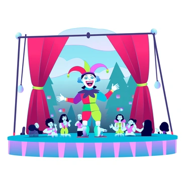 A small puppet theater stage with bright, colorful curtains drawn back to reveal the performance. In the center, a joker puppet with an exaggerated face, vibrant multicolored clothing, and a jester's hat is energetically performing. The joker puppet has large, expressive eyes and a wide grin, making it the focal point of the scene. Surrounding the puppet are several audience members, represented as small figurines with animated expressions, cheering and clapping. The backdrop features a whimsical painted landscape with trees and clouds, enhancing the lively atmosphere of the show.