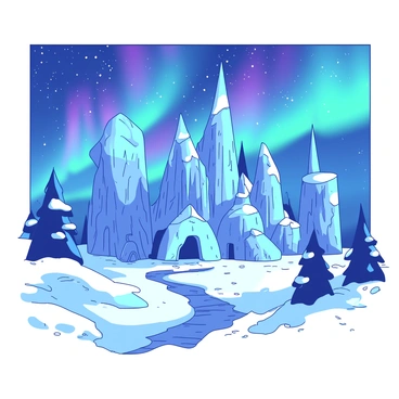 A majestic ice palace with towering icy spires and intricate ice carvings stands prominently in the foreground. The palace glistens as it reflects the shimmering light of the northern lights above. The sky is filled with bands of vibrant colors, showcasing a spectacular display. The ground around the palace is covered in a layer of sparkling snow, and the atmosphere is illuminated by the vivid hues of the lights. In the distance, a few snow-covered trees frame the scene, adding to the enchanting winter landscape.