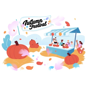 A vibrant autumn festival scene filled with pumpkins of various sizes, some resting on hay bales and others stacked into creative displays. Colorful leaves in shades of red, orange, and yellow are scattered across the ground and fluttering gently from nearby trees. Stalls adorned with festive decorations showcase seasonal treats, and a large banner reading "Autumn Festival" in bold letters is hanging above the stalls. In the background, families and children are enjoying the festivities, adding to the lively atmosphere.