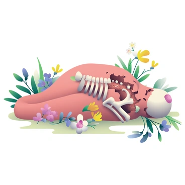 A close-up view of a body in advanced decay is positioned at the center of the image, showcasing the intricate textures of the deteriorating skin and bones. Delicate, vibrant wildflowers in shades of purple, yellow, and white are blooming around the body, their petals soft and colorful against the somber tones of decay. Green foliage surrounds the flowers, adding depth and contrast to the scene. The ground is a mix of earth and grass, providing a natural setting for the juxtaposition of life and decay. The lighting softly highlights the details of both the flowers and the body, creating a striking visual composition.