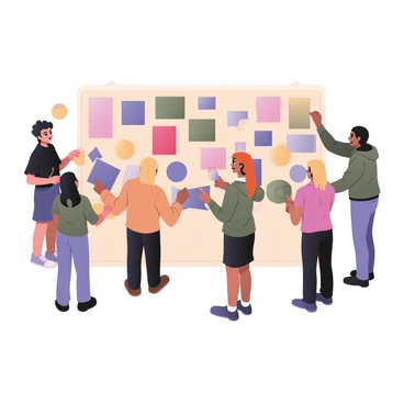 A digital flat illustration depicting a group of diverse individuals working together on a large wall collage. There are five people, each contributing colorful pieces to the collage. On the left, a woman with curly black hair holds a bright yellow piece of paper, while a man with straight brown hair places a vibrant blue shape near her. In the center, a person with orange hair is attaching a red square to the collage, while another individual with short blond hair is adding a green triangle towards the top. On the right, a person with medium skin is busy applying a purple circle. The wall is filled with a variety of textures and colors, showcasing creativity and collaboration.