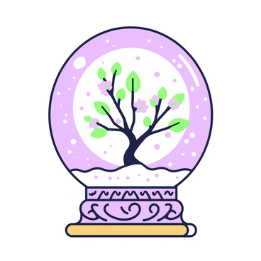 A snow globe sits on a polished wooden table. The globe contains a miniature cherry tree, perfectly shaped with delicate branches. The tree is adorned with tiny pink blossoms that contrast against the green foliage. Inside the globe, there are small flecks resembling falling snow swirling around the tree. The base of the globe is intricately designed, featuring swirling patterns and a textured finish. The light reflects off the glass, creating subtle highlights on the surface of the globe.