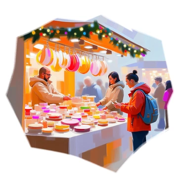 A bustling holiday market stall showcasing an array of handmade colliers, each with unique designs and vibrant colors. The stall is decorated with festive garlands and twinkling lights, creating an inviting atmosphere. Shoppers of various ages are browsing the colliers, with some examining the details closely. A vendor with a cheerful expression stands behind the stall, ready to assist customers. The scene is lively, filled with the excitement of holiday shopping, as others in the background enjoy the market's offerings.