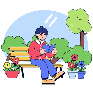Ayanokoji is sitting on a wooden bench in a quiet school garden. He is focused on reading a book, holding it open with both hands. Surrounding him are vibrant flowers in various colors, including red, yellow, and blue, creating a lively atmosphere. The garden features neatly trimmed green bushes and a clear blue sky above. In the background, a few sunlight beams filter through the leaves of nearby trees, casting gentle shadows on the ground.