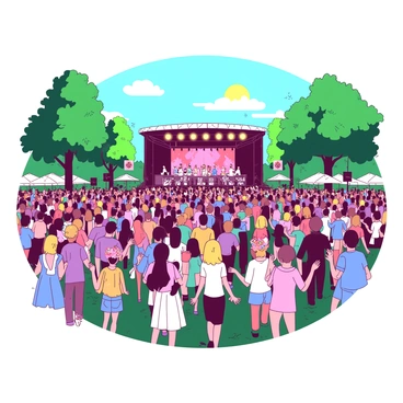 A large crowd of people is gathered in a green park, enjoying a vibrant outdoor music festival. In the background, a lively band is performing on a colorful stage adorned with bright lights. The audience is dancing and cheering, with some holding colorful drinks in their hands. A few individuals are wearing flower crowns, adding to the festive atmosphere. The sun is shining brightly, casting cheerful shadows on the ground.