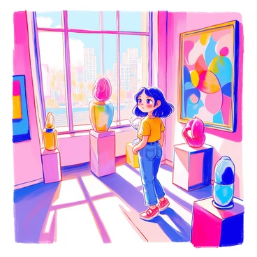A flat-faced character with large, expressive eyes is standing in a museum gallery. The character has a simple yet vibrant outfit consisting of a bright t-shirt and denim jeans. Surrounding the character are colorful paintings hanging on the walls, featuring abstract shapes and vivid colors. On pedestals nearby, various sculptures made of different materials, such as glass and metal, are displayed. The character is gazing thoughtfully at a large painting, with light streaming in through the museum's windows, illuminating the space.