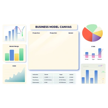 A large business model canvas is displayed prominently in the center. It is divided into sections, each labeled with clear titles. Surrounding the canvas are various detailed graphs and charts. On the left side, there is a bar graph showing revenue projections in blue and green bars. To the right, a pie chart illustrates market segmentation with vibrant sections in red, yellow, and purple. Above the canvas, a line chart trends upward, showcasing profit margins over time. On the bottom, a table with financial key performance indicators is neatly organized. The background is a light gradient, enhancing the focus on the canvas and graphs.