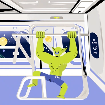 An alien creature with vibrant green skin and three muscular arms is performing pull-ups on a shiny metallic bar in a spaceship gym. The gym is filled with advanced futuristic equipment, including a holographic display showing workout statistics and a treadmill with glowing panels. The walls of the gym are sleek and silver, adorned with various high-tech exercise machines. Large windows reveal a view of distant stars and planets outside the spaceship.