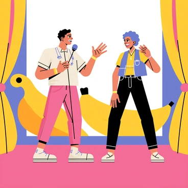 A comedy duo stands on a vibrant stage filled with various props. One performer, a man with a big smile, holds a microphone and gestures animatedly. The other performer, a woman with curly hair, laughs and leans slightly forward, engaging with the audience. Behind them, colorful curtains and oversized foam props, such as a giant rubber chicken and a large banana, create a whimsical atmosphere. The duo shares jokes as bright lights shine on them, highlighting their joyful expressions.