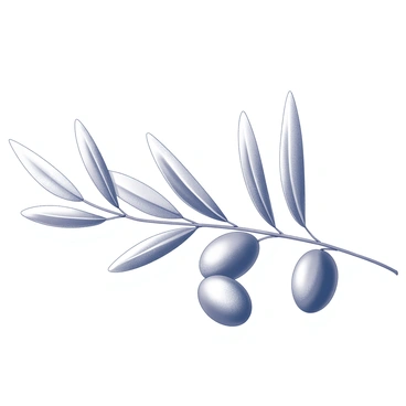 An olive branch with several leaves extending gracefully from the stem. The leaves are elongated with a silvery-green hue, displaying a natural sheen and delicate texture. Scattered among the leaves are plump olives, showcasing a rounded shape and a smooth surface. The branch is positioned horizontally, allowing for a clear view of the olives nestled among the leaves.