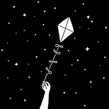 A kite soaring high in a vast black space filled with numerous stars scattered throughout. The kite has a long tail that streams behind it, and it is tethered to a hand gripping the string tightly. The stars vary in size and are intricately detailed, creating a mesmerizing backdrop. The hand is positioned at the bottom of the image, holding the string that leads up to the kite. The overall composition captures the dynamic motion of the kite against the stillness of space.