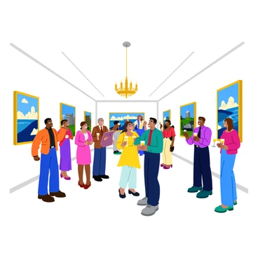 A spacious art gallery filled with colorful paintings displayed on white walls. Several clients are gathered, engaging in conversations while admiring the artworks. Some individuals are holding glasses of champagne, while others are gesturing towards the paintings with looks of admiration. A chandelier hangs from the ceiling, casting warm light across the scene. The atmosphere is lively, with a mix of diverse attendees, including men and women of different ages and ethnicities, all dressed in elegant attire.