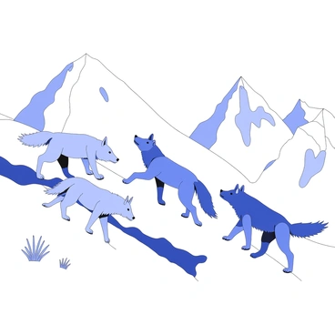 A pack of wolves is traversing a snowy mountain landscape. The wolves have thick fur, with their tails held high as they move through the powdery snow. The snow-covered mountains rise dramatically in the background, with jagged peaks and rocky outcrops. The sky is overcast, providing a diffuse light that highlights the wolves' sleek forms as they navigate the uneven terrain. In the foreground, tufts of grass peek through the snow, adding texture to the scene. The wolves appear focused and alert, scanning their surroundings as they make their way through the winter wilderness.