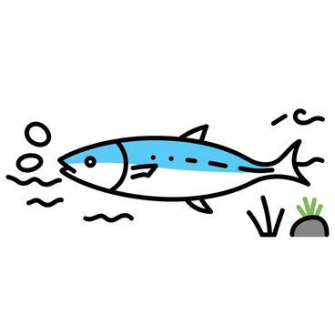 A mackerel, with its distinctive blue and silver striped skin, is swimming upstream in a gently flowing river. The water is clear with ripples, reflecting light as the fish moves against the current. The riverbanks are adorned with small green plants and rocks, creating a natural habitat. Small bubbles trail behind the mackerel as it propels itself forward, showcasing its streamlined body and fins.