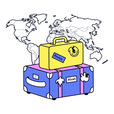 A travel-themed invitation featuring two vintage suitcases stacked on top of each other. The suitcases are adorned with travel stickers from various destinations. In the background, there is a large, detailed world map that covers the entire area. The map has marked routes and pinpointed locations. The invitation text is creatively integrated into the design, emphasizing the travel theme.