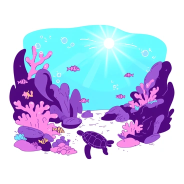 An underwater scene depicts a vibrant exploration environment filled with colorful coral reefs. The coral formations are in various shapes and sizes, showcasing shades of pink and purple. Small tropical fish of different species swim among the corals, adding splashes of yellow and blue. Bubbles rise from a diver's breathing apparatus, creating a sense of movement. The sun’s rays penetrate the water, casting light patterns on the sandy ocean floor below. A sea turtle glides gracefully past, enhancing the lively underwater setting.