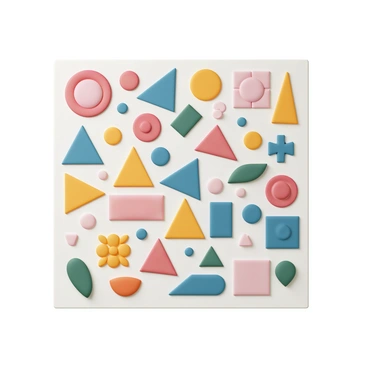 An 8x8 illustration board featuring a variety of colorful abstract geometric shapes. The board is filled with triangles, squares, circles, and polygons in bright colors such as red, blue, yellow, green, and orange. Each shape varies in size and texture, creating a dynamic composition. Some shapes overlap, while others are distinctly separate, generating a sense of depth and movement. The background is a solid color that enhances the vibrancy of the shapes, making the overall design engaging and lively.