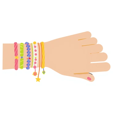 A wrist adorned with a stack of colorful friendship bracelets. Each bracelet features a unique design, showcasing an array of patterns including stripes, dots, and intricate knots. Some bracelets have small charms dangling from them, such as stars, hearts, and flowers. The bracelets are made of multicolored threads, giving them a vibrant and cheerful appearance. The wrist is slightly raised, allowing a clear view of the intricate details and charms on each bracelet.