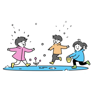 A group of three children is playing in a puddle on a grassy area, surrounded by blooming flowers. One child, wearing a red raincoat and yellow rubber boots, is jumping excitedly in the puddle, splashing water around. Another child, dressed in a blue rain jacket and green rain boots, is crouching beside the puddle, holding a small yellow bucket. The third child, wearing a bright orange raincoat, is twirling around with arms outstretched, enjoying the gentle spring rain falling from the sky. The sky is gray with soft rain falling, and the ground is dotted with small puddles reflecting the colors of their clothing.